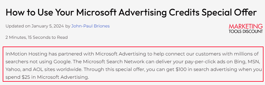Bing Ad Credit by InMotion Hosting