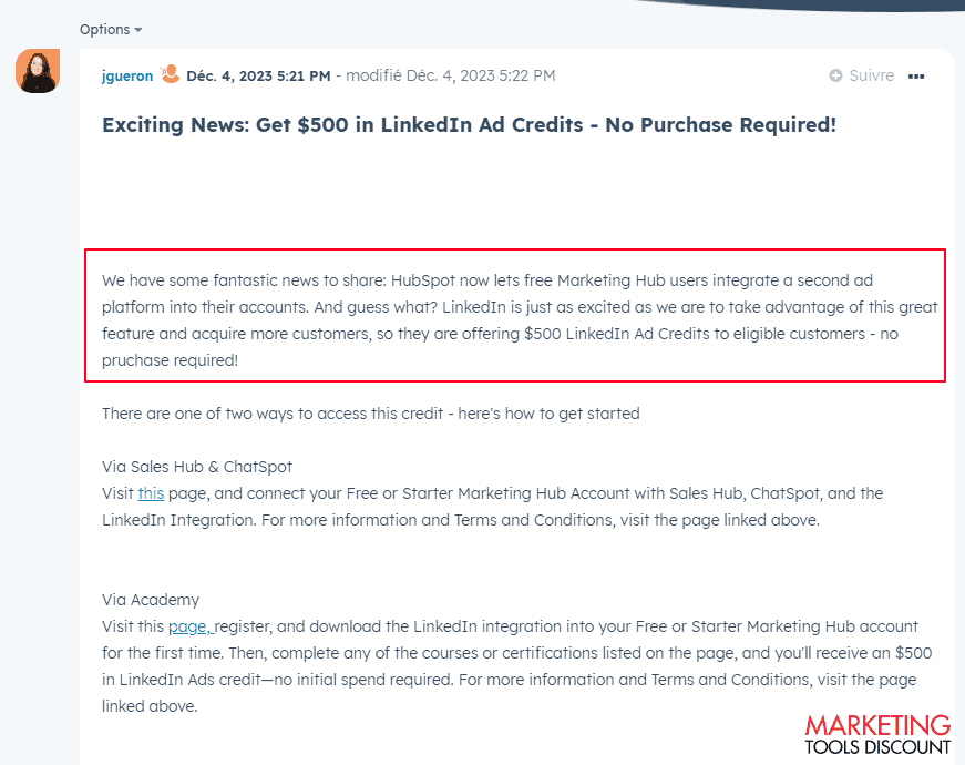 Hubspot Linkedin Credit Offers