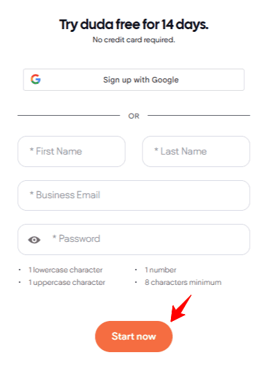 Create a new account on Duda with free trial
