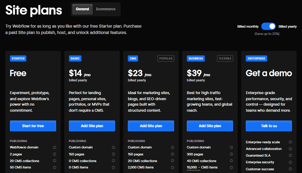 Webflow Plans pricing