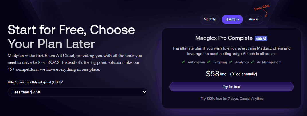Madgicx Coupon Code, Get Upto Limited 45% Discount on AI Ad Tools 1 Madgicx subscription plan pricing